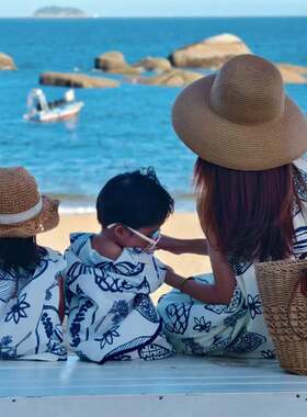 2026新款童套装夏亲子装韩版不规则图案连衣裙儿童休闲短袖短裤两