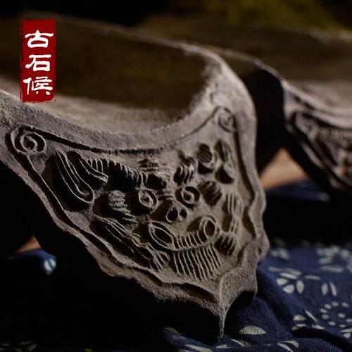 古瓦雕花兽纹兽头图案砖雕明清古瓦茶几摆件收藏古货