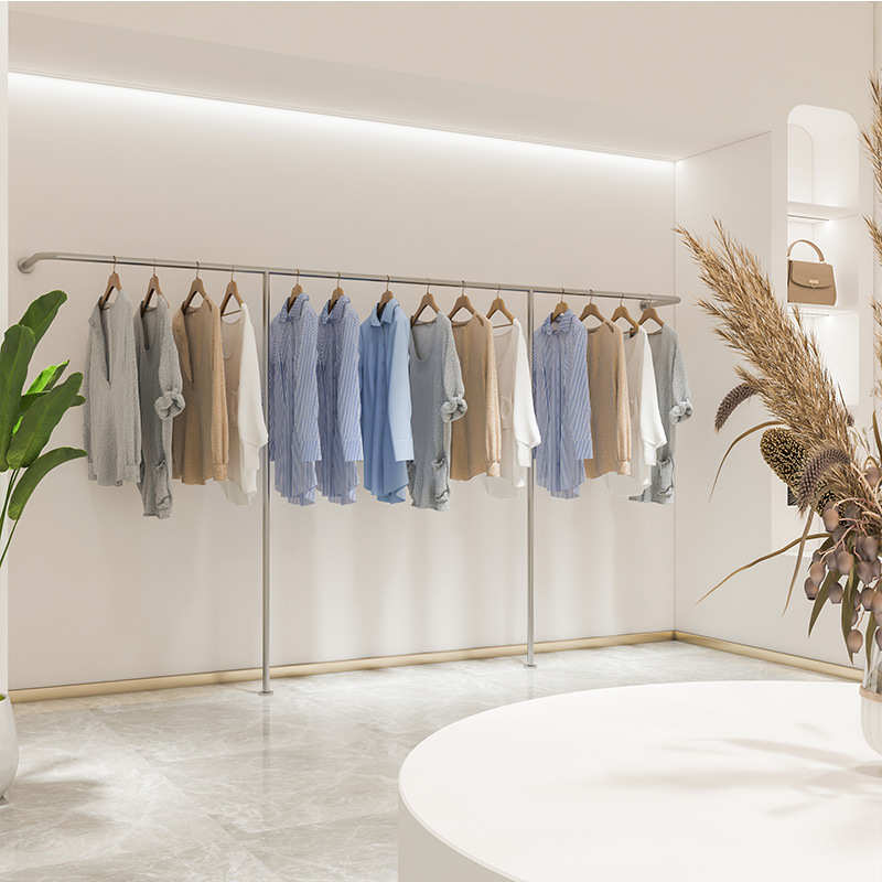 服装店展示架墙上壁挂式挂衣杆女装店陈列架落地式不锈钢服装架