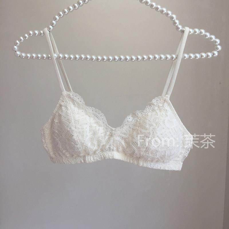 超薄文胸罩夏季不空杯显胸小白色无钢圈蕾丝三角杯女小胸内衣法式