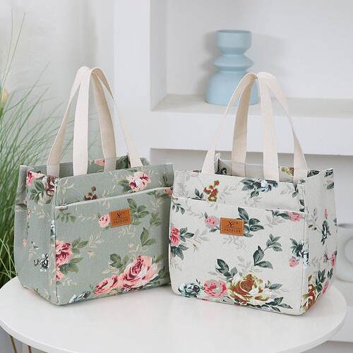 Aesthetic Floral Print Lunch Bag, Insulated Large Capacity