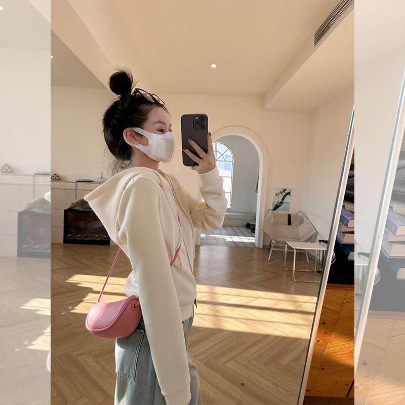 金苏一 杏色连帽卫衣女2026春秋韩版休闲百搭帽衫chic外套上衣潮