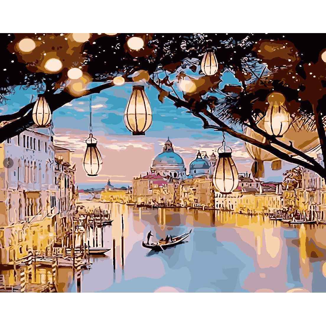 厂家40*50无框DIY数字油画手工绘客厅风景建筑装饰画宫灯夜明