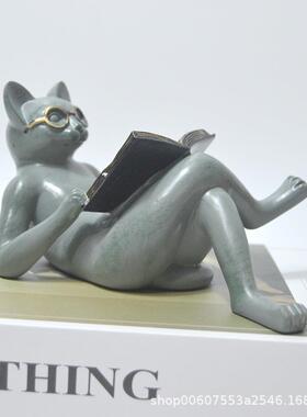 独立站 看书阅读文学猫 花园书房树脂工艺品装饰摆件雕像