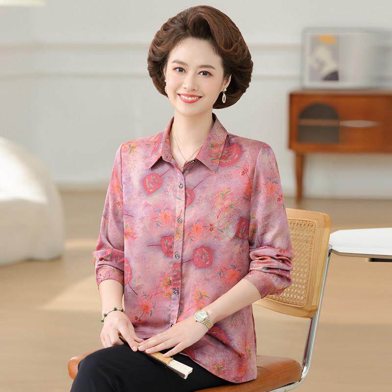时尚中老年妈妈女装真丝长袖衬衫夏季奶奶桑蚕丝印花开衫上衣套装