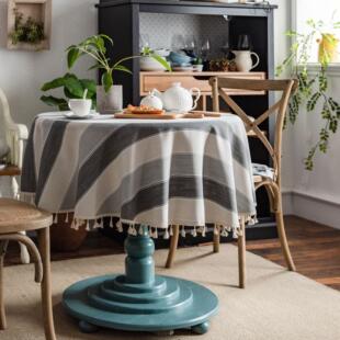 伊缦琪韵桌布灰色色织条纹流苏仿棉麻餐桌布圆桌茶几艺长方形