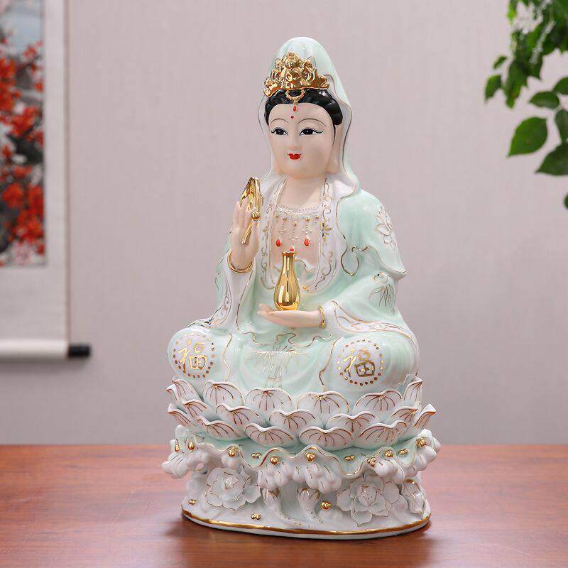 正品观音菩萨像陶瓷摆件高档不褪色玉瓷龙泉釉水座南海观世音菩萨