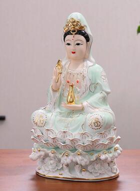 正品观音菩萨像陶瓷摆件高档不褪色玉瓷龙泉釉水座南海观世音菩萨