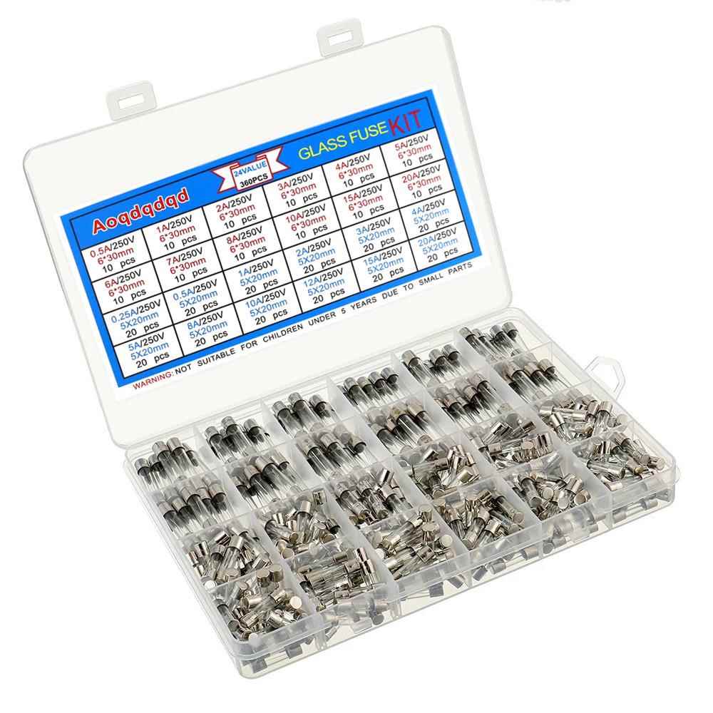 360PCS 玻璃保险丝6x30mm 0.5A-20A 5×20mm 0.25A-20A汽车保险丝