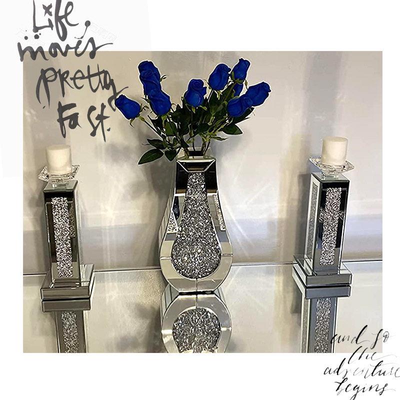 碎钻水晶透明银色镜面玻璃柱锥形蜡烛台大烛台婚礼中心家居装饰