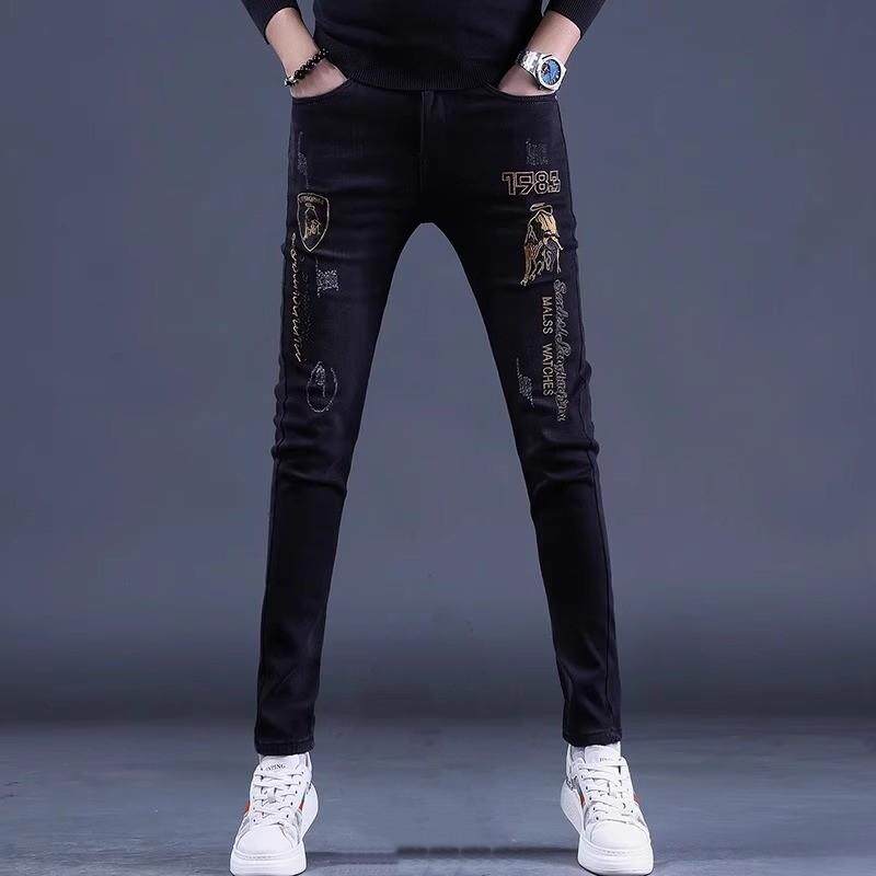 欧洲站印花黑色牛仔裤男士冬季加绒高端时尚弹力修身小脚休闲长裤