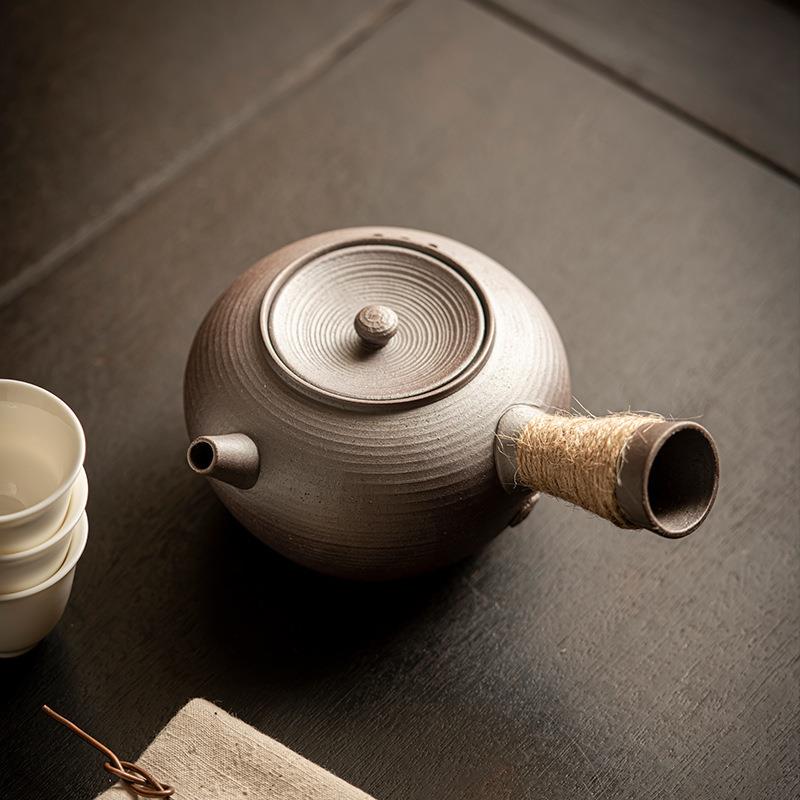 粗陶侧把壶老岩泥茶壶带过滤复古陶壶围炉煮茶壶家用陶瓷泡茶壶