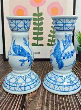 手绘青花陶瓷花鸟烛台家具装饰烛台餐桌手工雕花陶瓷烛台浪漫摆件
