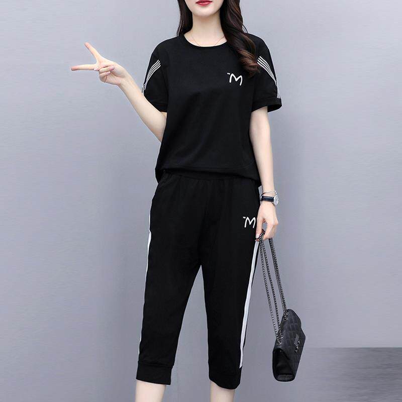 时尚品牌女性运动套装夏季新款宽松大码短袖t恤休闲时尚七分裤两