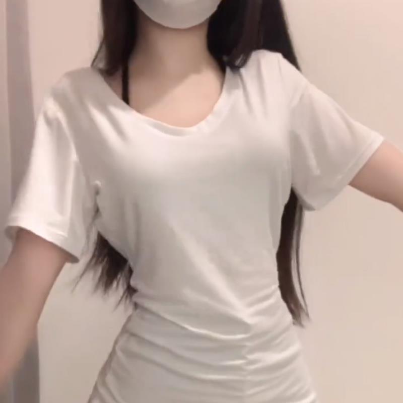 纯欲穿搭白色大领口短袖T恤女2025春夏女装修身收腰性感微透上衣