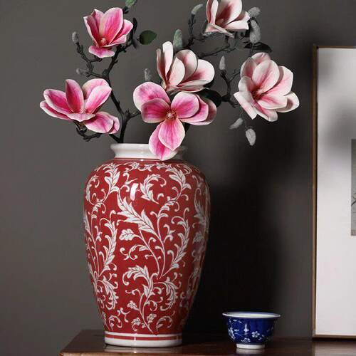 新中式花开 富贵手绘红色陶瓷花瓶客厅茶室新居婚庆冬青水培插花
