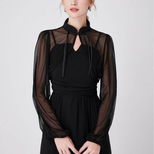 Elegant Women'S Long Sleeve Shirt Soft Fabric Mesh Patchwork