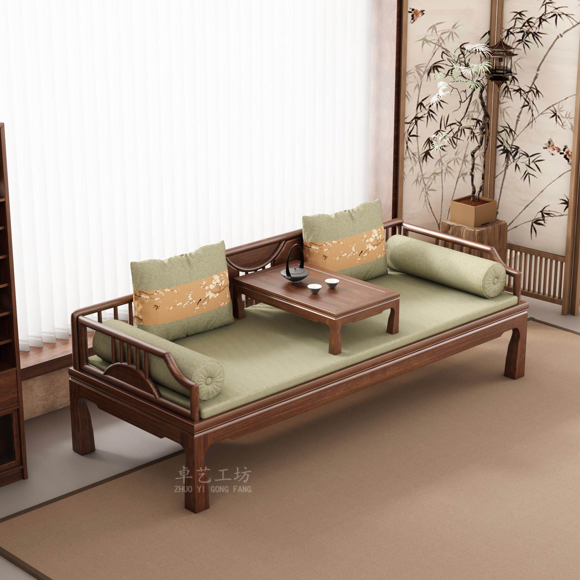 新中式黑胡桃木实木罗汉床推拉床榻小户型客厅简约伸缩两用沙发床