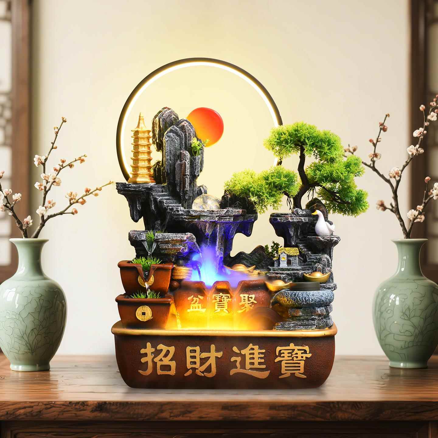聚宝盆招财进宝带灯水雾办公室客厅玄关开业送礼循环流水桌面摆件