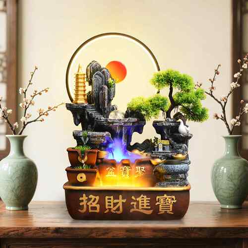 聚宝盆招财进宝带灯水雾办公室客厅玄关开业送礼循环流水桌面摆件
