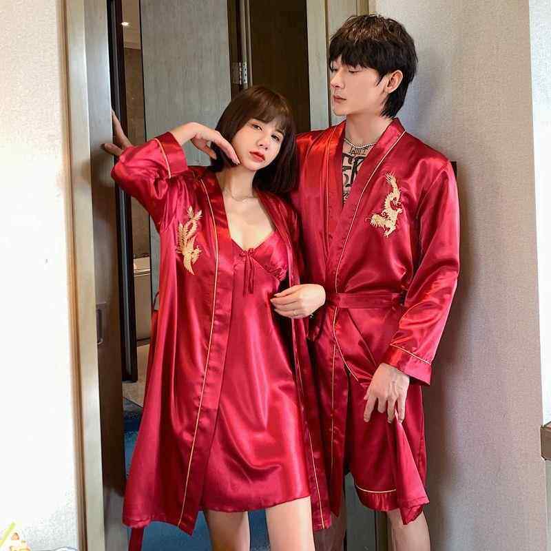 xW2套价丝绸情睡袍男女仿真丝春夏裤短K女吊裙两件fTkDkiwR套冰侣