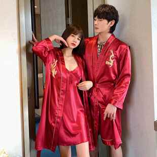 xK侣W2套价丝绸情睡fTkDkiwR袍男女仿真丝春套夏短裤 吊裙两女件冰