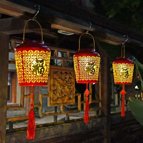户外春节装饰太阳能庭院灯红色喜庆防水挂灯家用福字新年大红灯笼