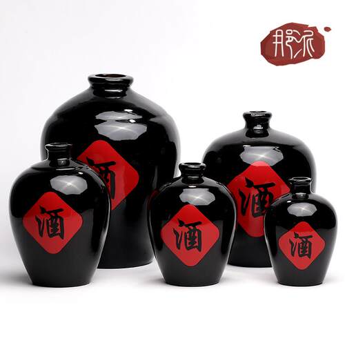 土陶陶瓷黑釉红酒字酒坛酒瓶1斤2斤3斤5斤10斤装家用酒坛酒具密封