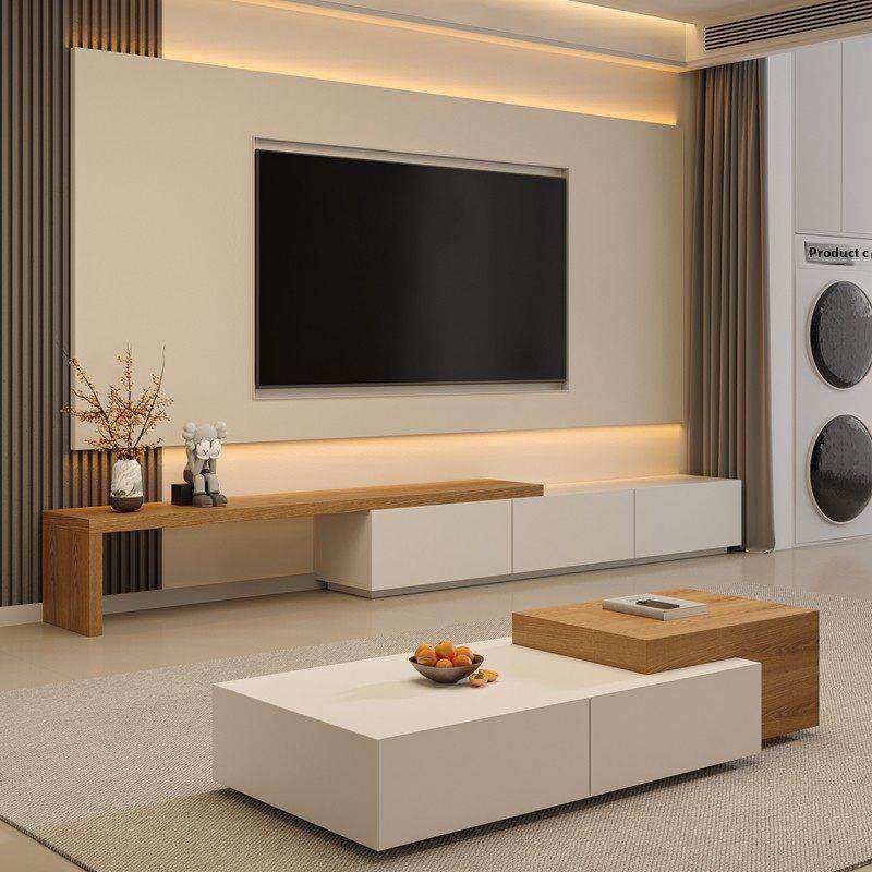 伸缩电视柜现代简约北欧大小户型客厅白色原木色电视机柜茶几组合