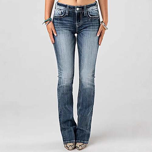 Women Elastic Embroidered Flare Jeans Pants Waist Straight