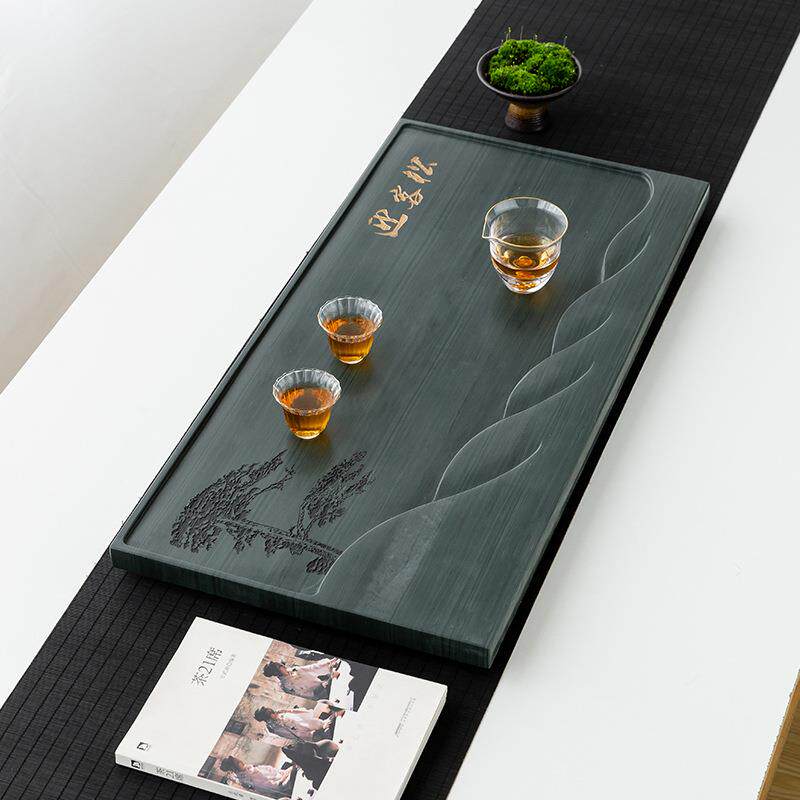 天然绿檀木纹石茶盘家用简约整块石头茶台大茶海轻奢小型排水托盘