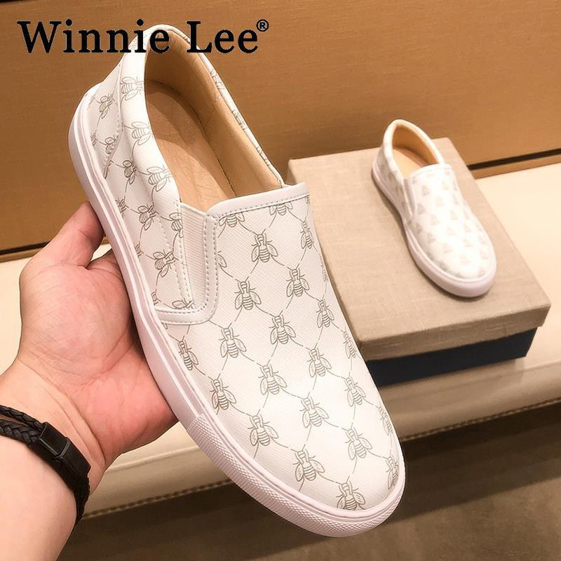 Winnie Lee小蜜蜂一脚蹬男鞋真皮印花乐福鞋2026年新款百搭懒人鞋
