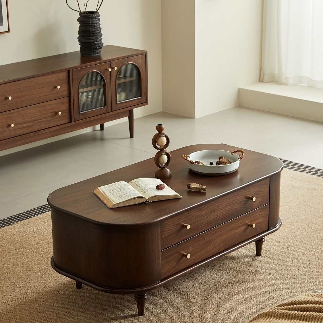 美式简约轻实木全抽屉收纳茶桌椭圆形电视柜小户型组合奢茶几客厅