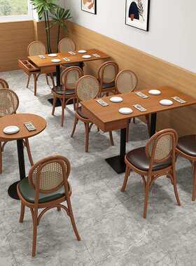 中式餐厅桌椅实木编藤餐椅咖啡厅奶茶店中式风格休闲桌椅