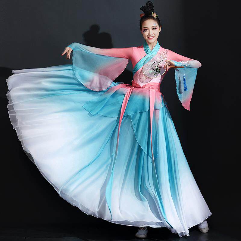 高档古演典舞大蹈服飘逸中国风艺考表服装粉女色唤渔清歌摆裙演出