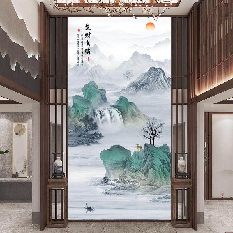 新中式水墨山水玄关墙板客厅走廊过道碳晶板8D别墅坚版装饰护墙板