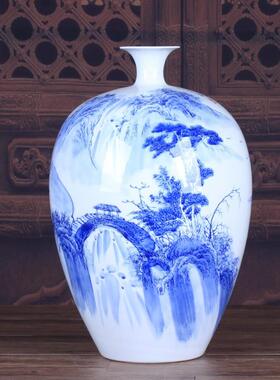 手绘陶瓷花瓶摆件釉下彩青花山水美人瓶大号创意家居收藏礼品