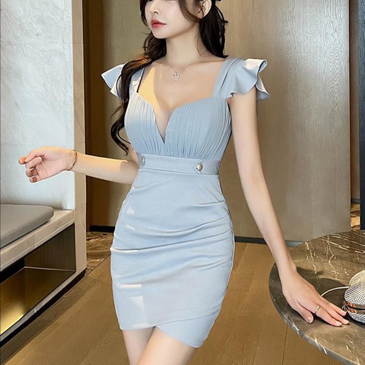 一字肩包臀女短裙性感夜店连衣裙心机女紧身裙夜场沐足技师工作服