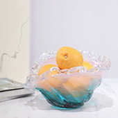 现代轻奢粉蓝色撞色鎏金手工玻璃花瓶波浪花边设计师样板间装 饰摆