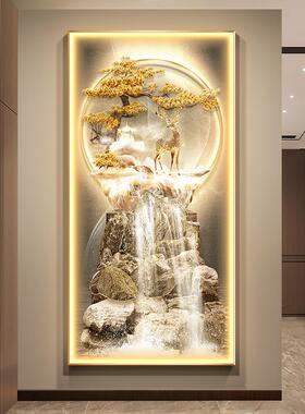 轻奢流水生财走廊尽头挂画带灯光招财鹿玄关装饰画进门正对墙壁画