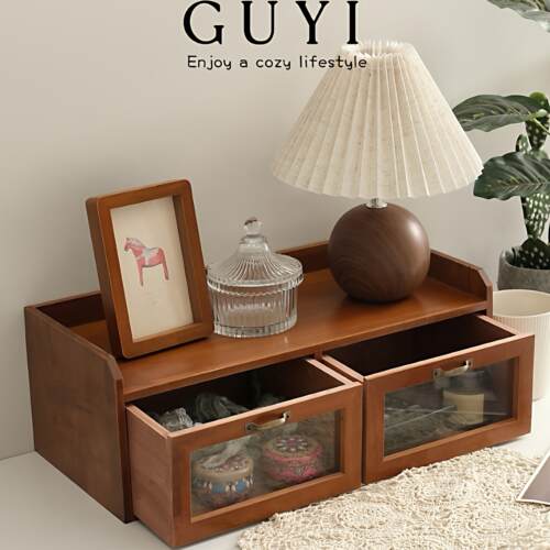 GUYI高级感桌面收纳盒实木化妆品梳妆书桌收纳柜复古抽屉杂物整理
