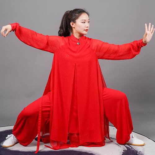 新款马蕾太女新款夏季太极服武极术服晨练表演服洒银中国风式飘太