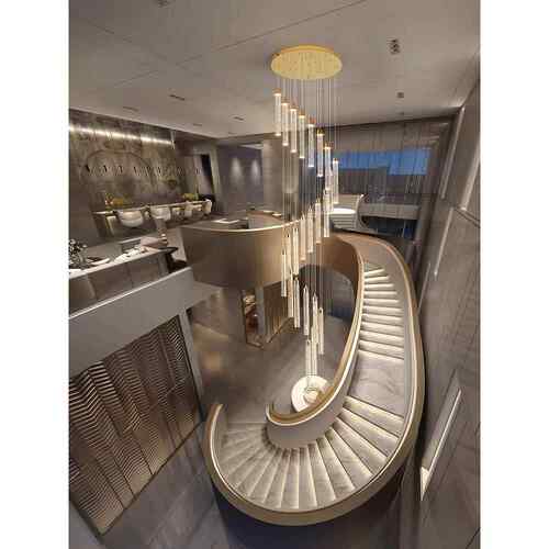 楼梯吊灯现代极简主义房子空心高阁楼旋转楼梯水晶客厅覆式地板长