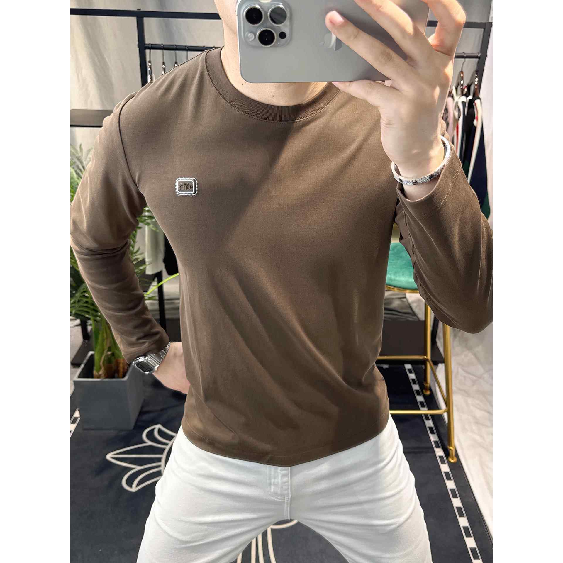 欧洲站潮牌烫钻长袖t恤男秋冬薄款高端潮流简约圆领修身打底衫潮