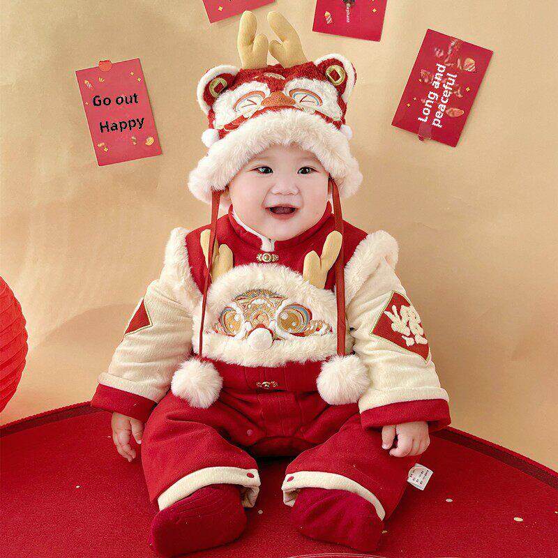 新款周岁礼服抓周男宝宝加厚喜庆唐装衣服婴儿过年红色拜年服套装