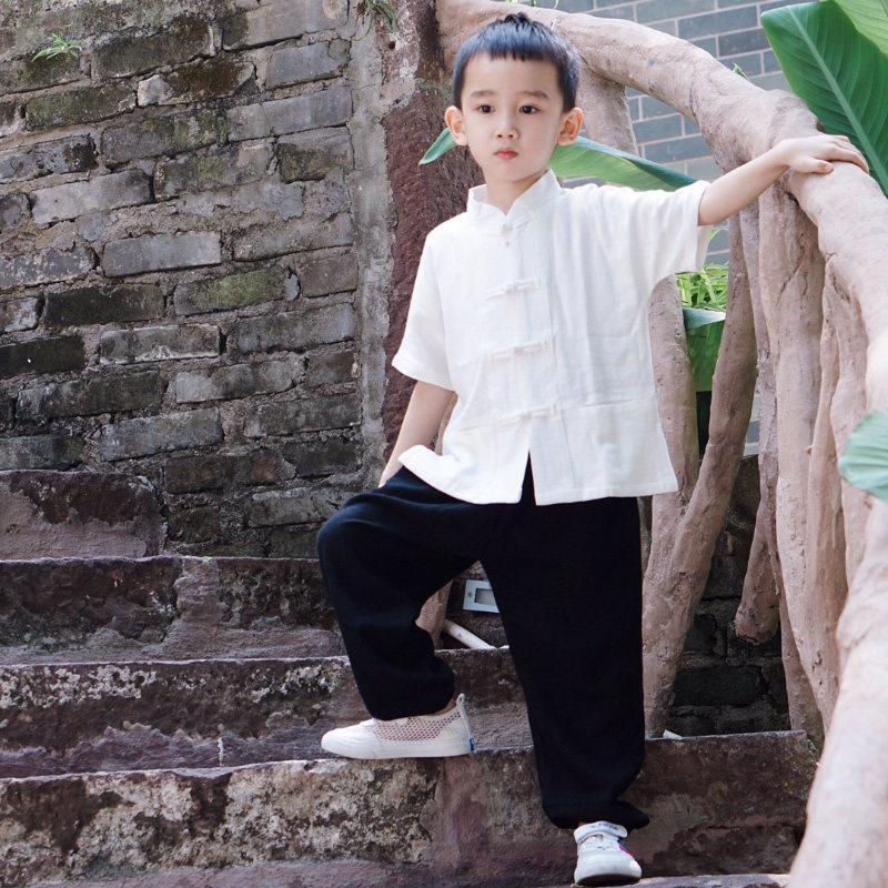 饭团记中国风小孩唐装男童夏季麻短袖上衣儿童汉服复古装童装图片