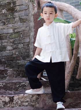 饭团记中国风小孩唐装男童夏季棉麻短袖上衣儿童汉服复古装童装