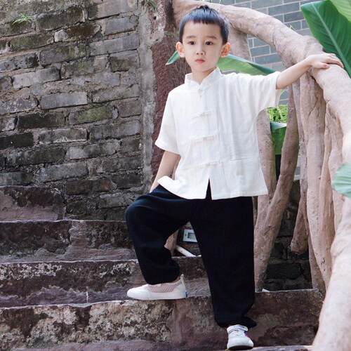 饭团记中国风小孩唐装男童夏季麻短袖上衣儿童汉服复古装童装