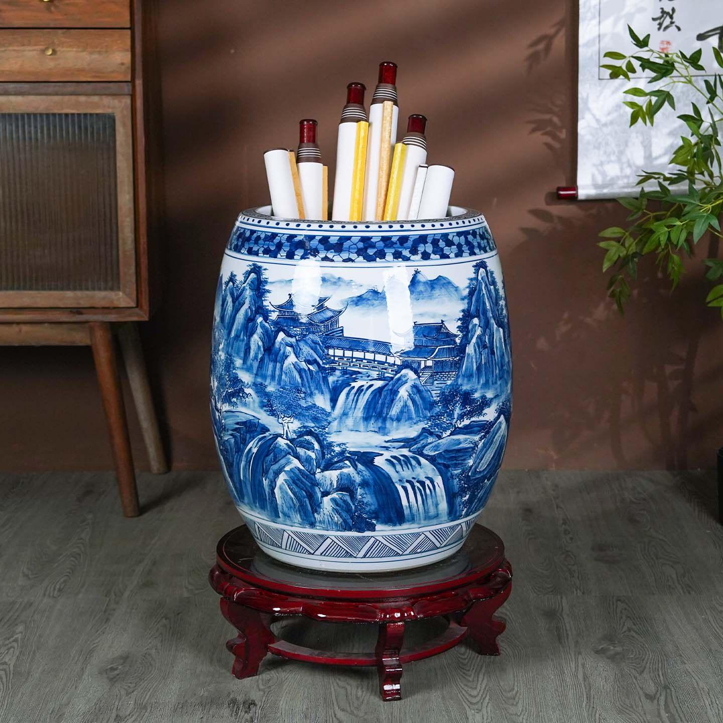 景德镇陶瓷手绘青花瓷落地书画卷轴缸花瓶客厅书房字画收纳桶摆件