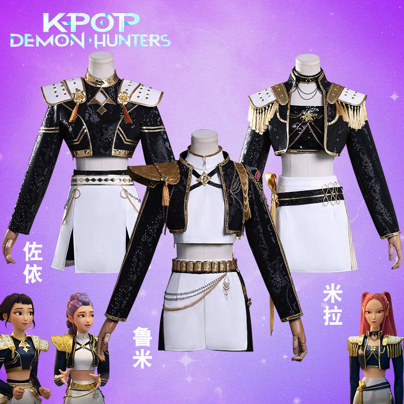 Kpop猎魔女团cos服米拉鲁米佐依黑金打歌服cosplay服装儿童装假发